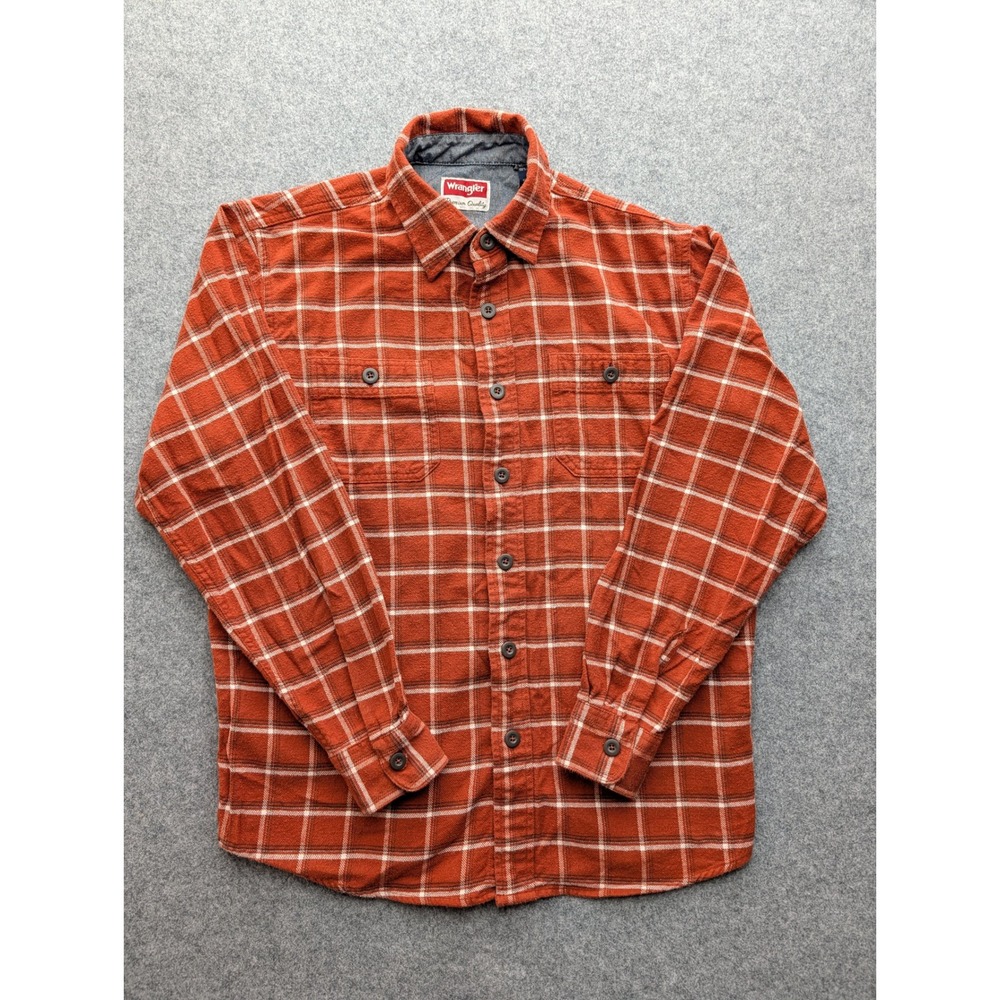 Wrangler Mens Orange Plaid Flannel Shirt Long Sleeve Button Down Cotton Medium